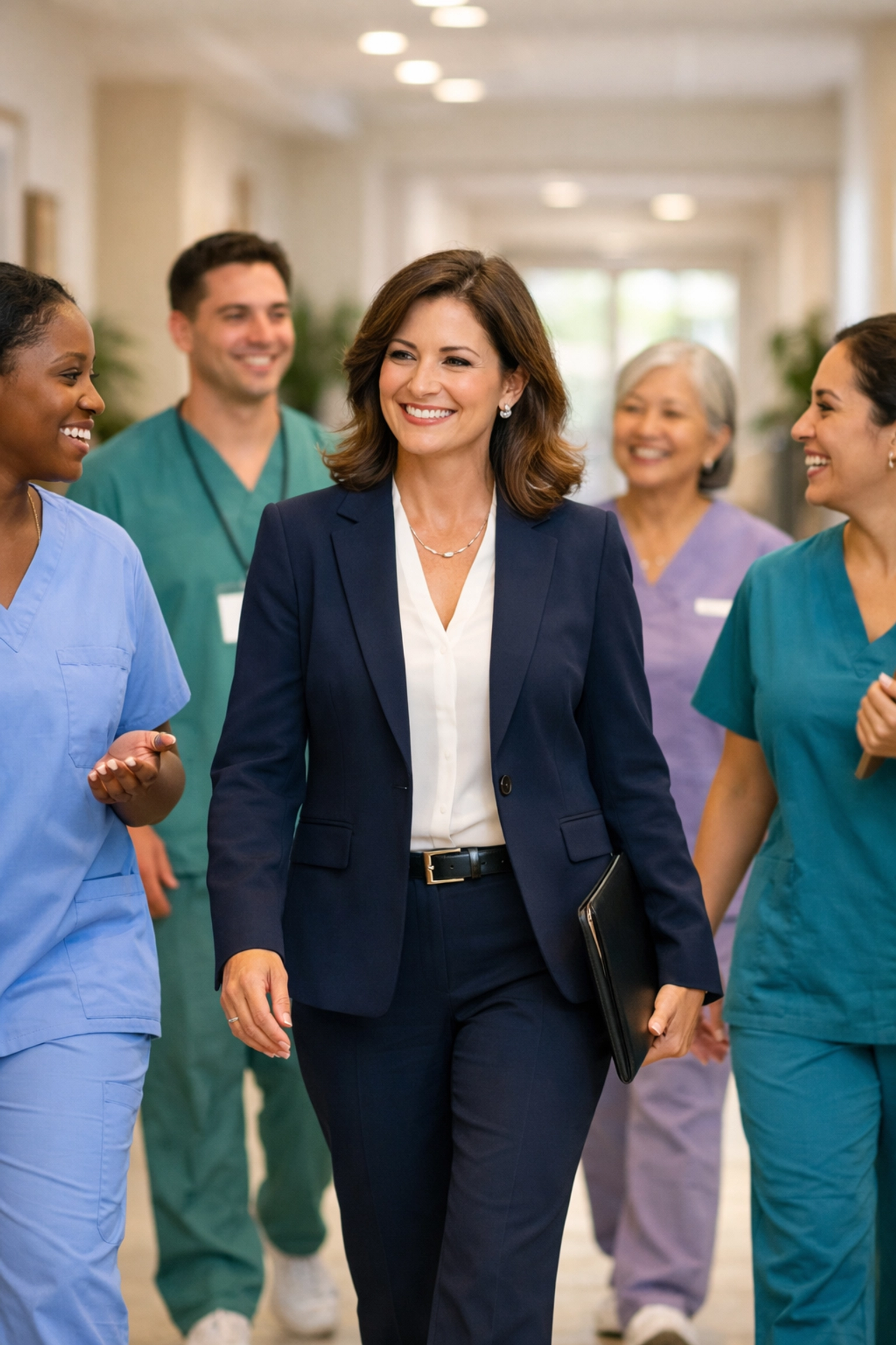 Healthcare executive engaging with long-term care staff demonstrating effective leadership