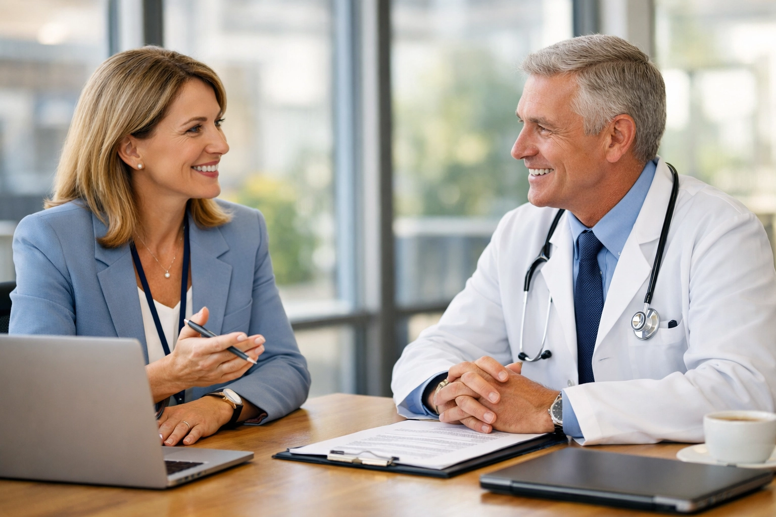 Healthcare recruiter meeting with executive candidate for senior leadership placement