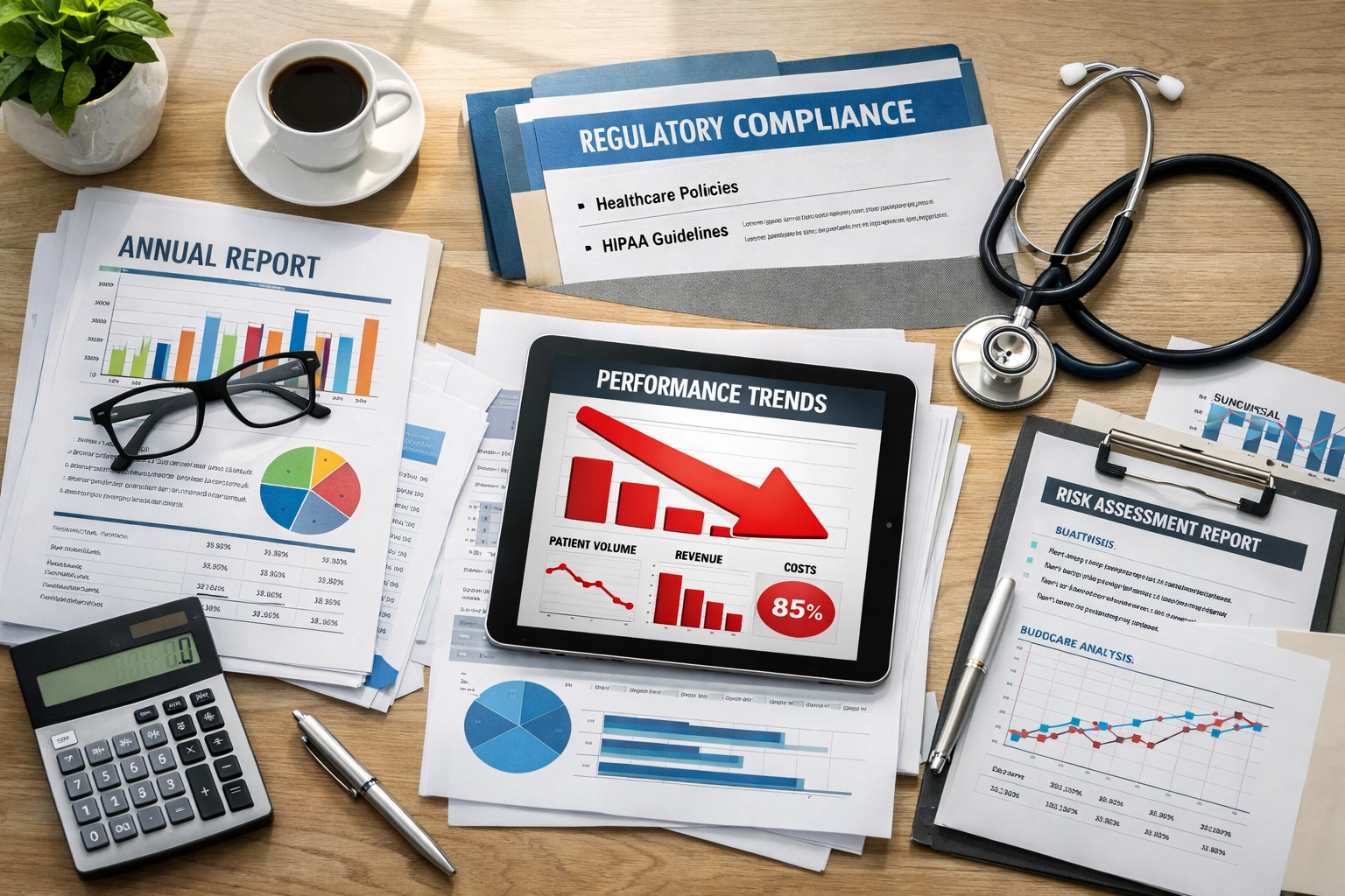 Healthcare executive's desk with financial reports and compliance documents showing management complexity
