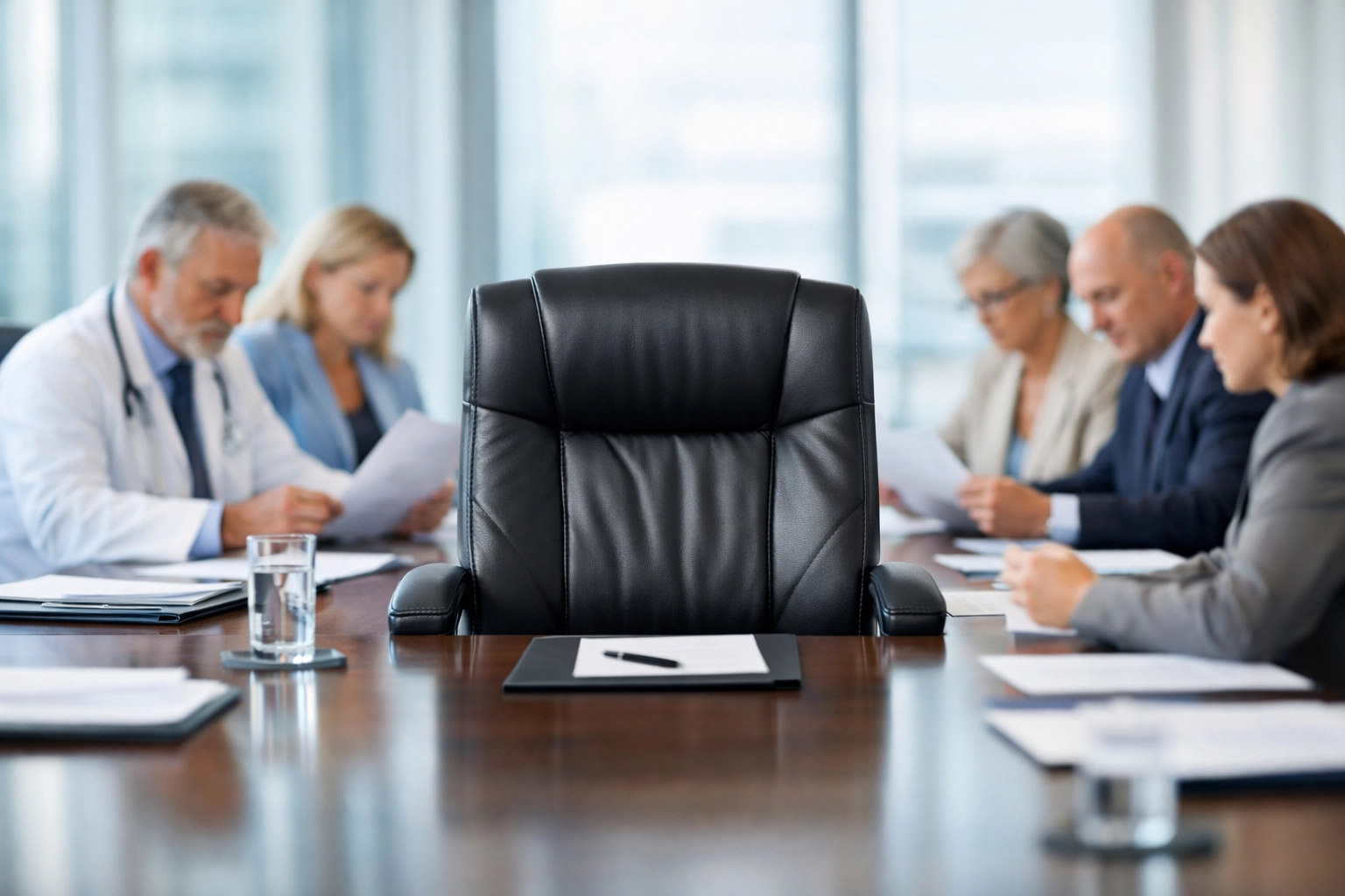 Empty executive chair at healthcare boardroom table highlighting leadership vacancy costs